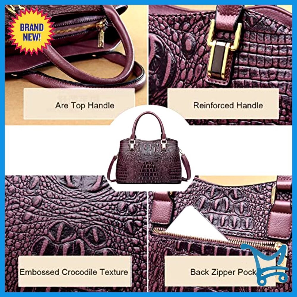 Large Vegan Leather Tote with Shoulder Strap, Crocodile Texture Satchel - Picture 6 of 6